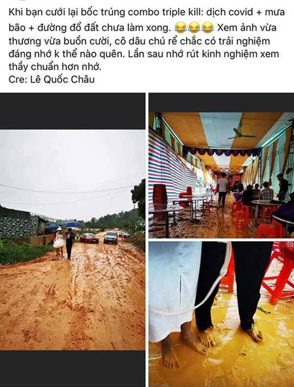  Đám cưới là ngày trọng đại trong cuộc đời mỗi người. Bởi thế, hầu như ai cũng muốn khiến ngày quan trọng ấy trở nên khó quên. Nhưng không phải điều gì cũng suôn sẻ như mọi người mong muốn, điển hình như cặp đôi dưới đây khi ngày cưới của họ hội tụ đủ combo "dịch bệnh, mưa gió, đường đất".