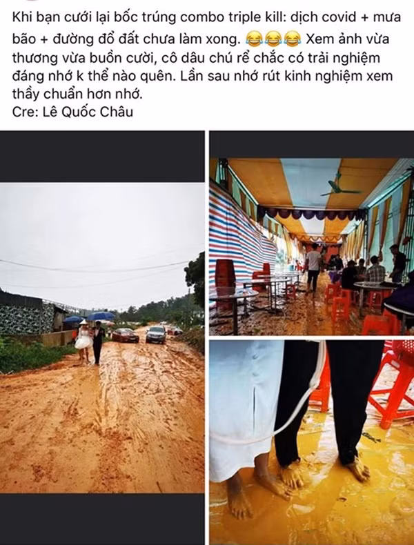  Đám cưới là ngày trọng đại trong cuộc đời mỗi người. Bởi thế, hầu như ai cũng muốn khiến ngày quan trọng ấy trở nên khó quên. Nhưng không phải điều gì cũng suôn sẻ như mọi người mong muốn, điển hình như cặp đôi dưới đây khi ngày cưới của họ hội tụ đủ combo "dịch bệnh, mưa gió, đường đất".