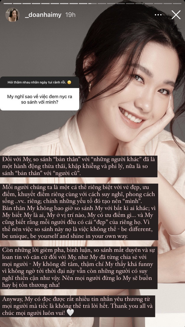 Mới đây, Doãn Hải My tiếp tục gây chú ý khi chia sẻ quan điểm về chuyện "người yêu cũ". Cụ thể, một fan đã hỏi bồ tin đồn của Văn Hậu rằng cô nàng nghĩ sao về việc có người đem người cũ (của người yêu mình) ra so sánh với chính mình.