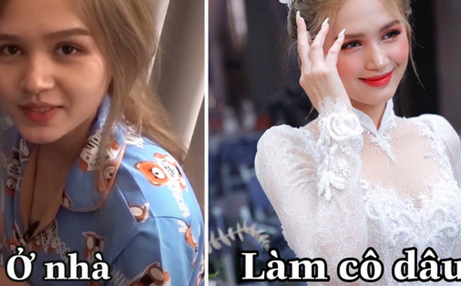 Lối trang điểm hiện đại, kết hợp với màu tóc sáng và áo dài trắng nền nã khiến hot girl Xoài Non trông vừa rất Tây mà cũng rất dịu dàng, xinh đẹp đúng chuẩn cô gái sắp lên xe hoa về nhà chồng.