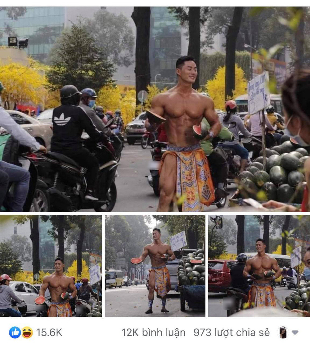 Làm náo loạn mạng xã hội mới đây là hình ảnh trai đẹp 6 múi đứng bán dưa hấu ở đường Phạm Ngọc Thạch (trước Nhà văn hóa Thanh niên TP.HCM).