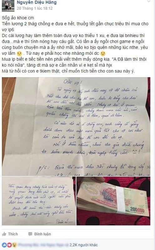 Một anh chồng không chỉ thưởng Tết cho vợ mà còn để lại bức thư rất ấm lòng.