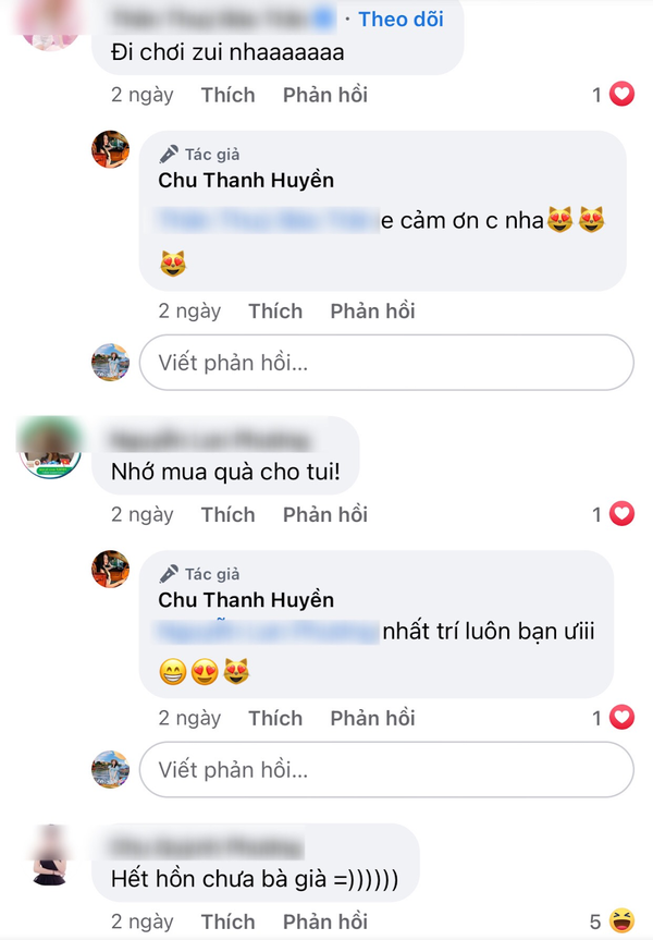 Dù nàng hot girl không nói rõ là đi đâu nhưng phía dưới bài đăng, nhiều bạn bè của Thanh Huyền đều chúc cô nàng đi chơi vui vẻ và được cô nàng phản hồi rất nhiệt tình.