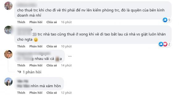 Cụ thể, dưới bài đăng netizen để lại bình luận: ''Cho thuê phòng trước khi cho đi về thì phải để nhân viên lên kiểm phòng trước, đó là quyền của bên kinh doanh mà nhỉ'', ''Tưởng phải đến kiểm tra rồi thanh toán chứ'', ''Từ cái homestay cho thuê xong thành cái chuồng heo luôn'', ''Kinh khủng quá''...