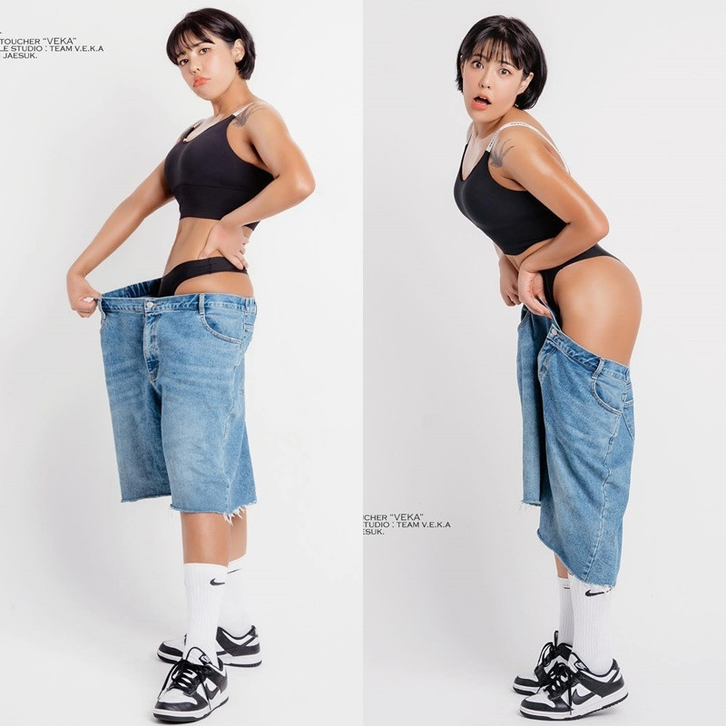 Cùng mặc một chiếc quần bò nhưng cách đây vài năm, Yang Soo Bin mặc vừa khít. Còn hiện tại, nó lại trở nên quá khổ đối với cô. Nó rộng đến nỗi Soo Bin hoàn toàn có thể cho hai chân vào một ống quần được.