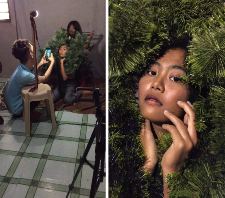 Thế nhưng ekip chụp ảnh bằng điện thoại của chàng trai này chỉ có 2 người: thợ ảnh và người mẫu nữ. Mọi công đoạn trang điểm, tạo hình đến chụp ảnh, hậu kì đều gói gọn trong ekip tinh giản này.