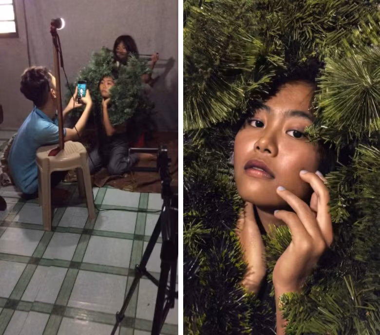 Thế nhưng ekip chụp ảnh bằng điện thoại của chàng trai này chỉ có 2 người: thợ ảnh và người mẫu nữ. Mọi công đoạn trang điểm, tạo hình đến chụp ảnh, hậu kì đều gói gọn trong ekip tinh giản này.