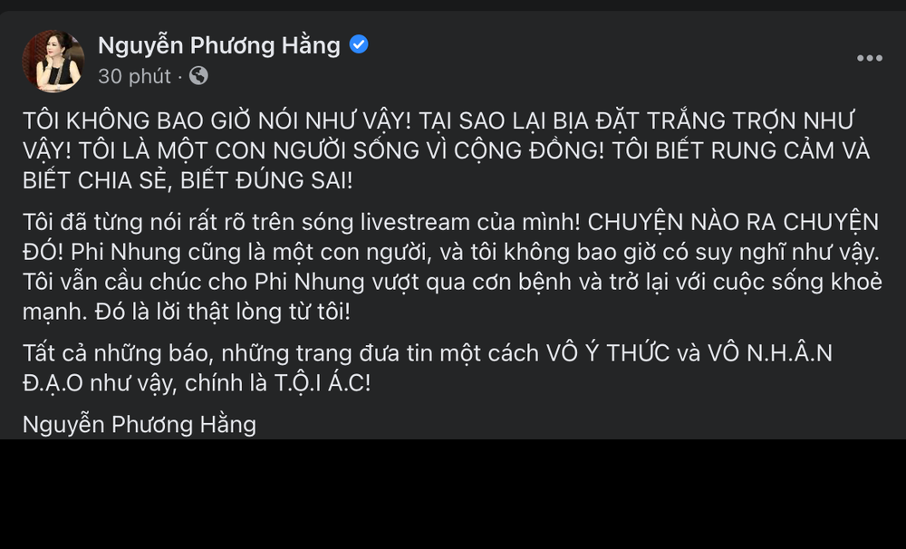 Không để sự việc đi xa hơn, mới đây trên Facebook cá nhân, bà chủ khu du lịch Đại Nam đã lên tiếng về những lời đồn thổi liên quan đến việc mình "trù ẻo" nữ ca sĩ.
