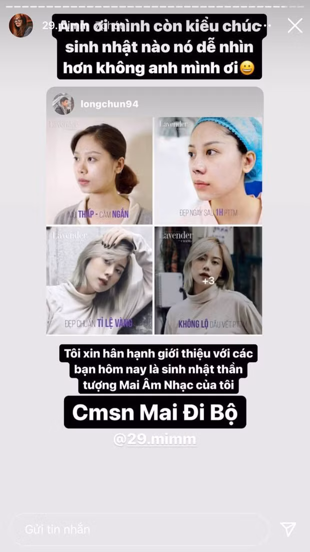 Sở dĩ có sự khác biệt này là bởi Mai Âm Nhạc cũng đụng dao kéo "nhẹ", cụ thể là nâng mũi. Điều này được Long Chun tiết lộ trong dịp sinh nhật của cô nàng.