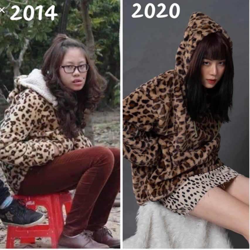 Giống như nhiều cô nàng khác, trước khi xinh đẹp sắc sảo và trở thành hiện tượng mạng, Mai Âm Nhạc cũng cực kỳ đơn giản với mái tóc xoăn, tóc mái được buộc lên và đeo kính dày cộp.