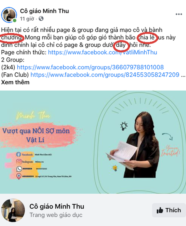Cụ thể, cô giáo Vật lý đăng tải công khai trên trang cá nhân: "Hiện tại có rất nhiều page &amp; group đang giả mạo cô và bành chướng. Mong mỗi bạn giúp cô góp gió thành bão chia lẻ tus này đính chính lại cô chỉ có page &amp; group dưới dây thôi nhé".