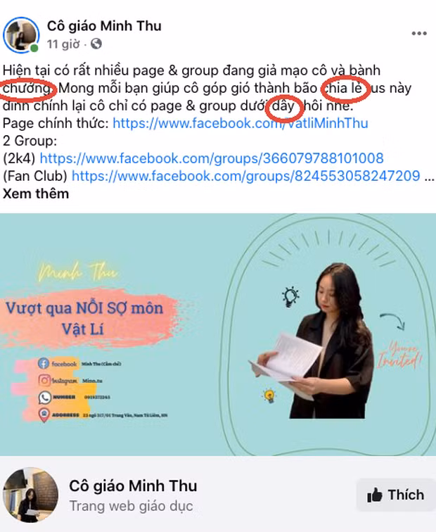 Cụ thể, cô giáo Vật lý đăng tải công khai trên trang cá nhân: "Hiện tại có rất nhiều page &amp; group đang giả mạo cô và bành chướng. Mong mỗi bạn giúp cô góp gió thành bão chia lẻ tus này đính chính lại cô chỉ có page &amp; group dưới dây thôi nhé".