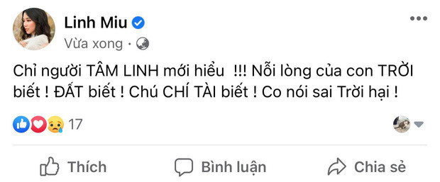 Cụ thể, tài khoản tick xanh mang tên Linh Miu viết: "Con chúc mừng chúc Chí Tài vì chú về với trời!!!! Ở trần gian khổ lắm, chú hết nợ trần gian rồi nên chú về trời... Chú yên nghỉ nhé. Chúng con luôn nhớ đến chú và noi gương chú trong con đường nghệ thuật".