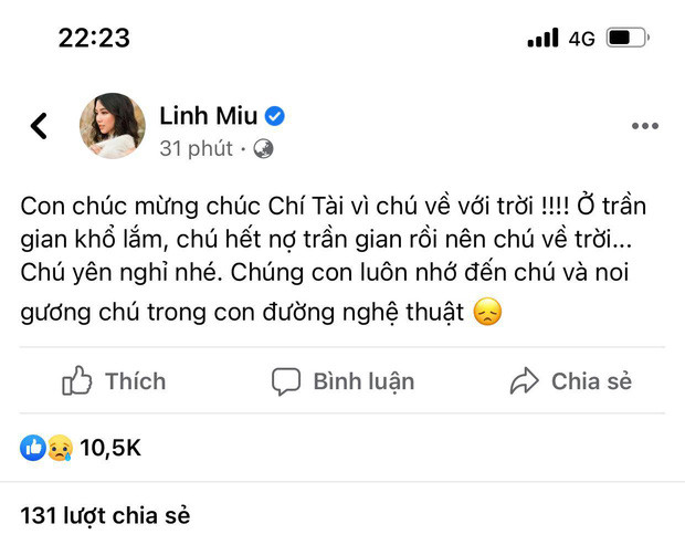 Mới đây, trên Fanpage tick xanh mang tên Linh Miu đã đăng dòng status mong NS Chí Tài yên nghỉ. Sẽ chẳng có gì nếu như tài khoản này không sử dụng những ngôn từ dễ gây hiểu nhầm sang cảm giác phản cảm.