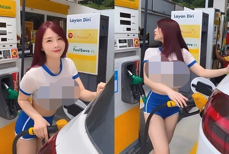 Cách đây chưa lâu, hot girl người Malaysia này diện trang phục ngắn, xuyên thấu khi tới điểm đổ xăng.