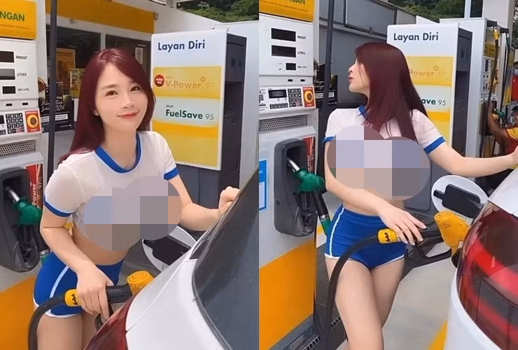 Cách đây chưa lâu, hot girl người Malaysia này diện trang phục ngắn, xuyên thấu khi tới điểm đổ xăng.