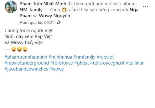 Trước đó, Minh Nhựa đã cho đăng tải dòng trạng thái ủng hộ Rap Việt và thẳng tay tag hẳn "ông bạn" Wowy.
