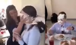 Cô gái bị nhóm bạn thân úp bánh sinh nhật vào mặt.