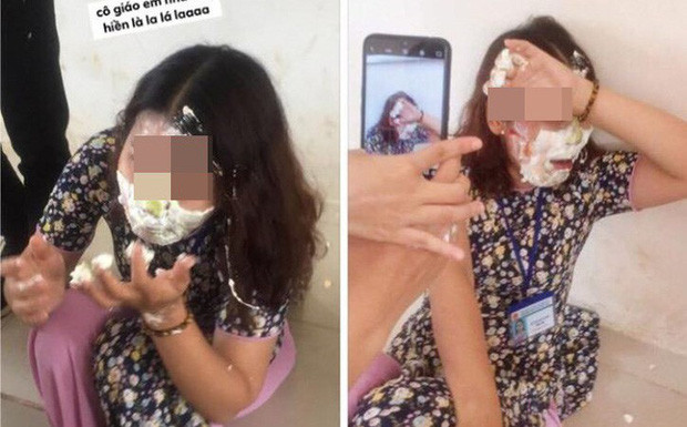 Đến ngay cả giáo viên chủ nhiệm cũng không thoát khỏi cảnh bị học sinh úp bánh kem vào mặt trước khi ra trường.