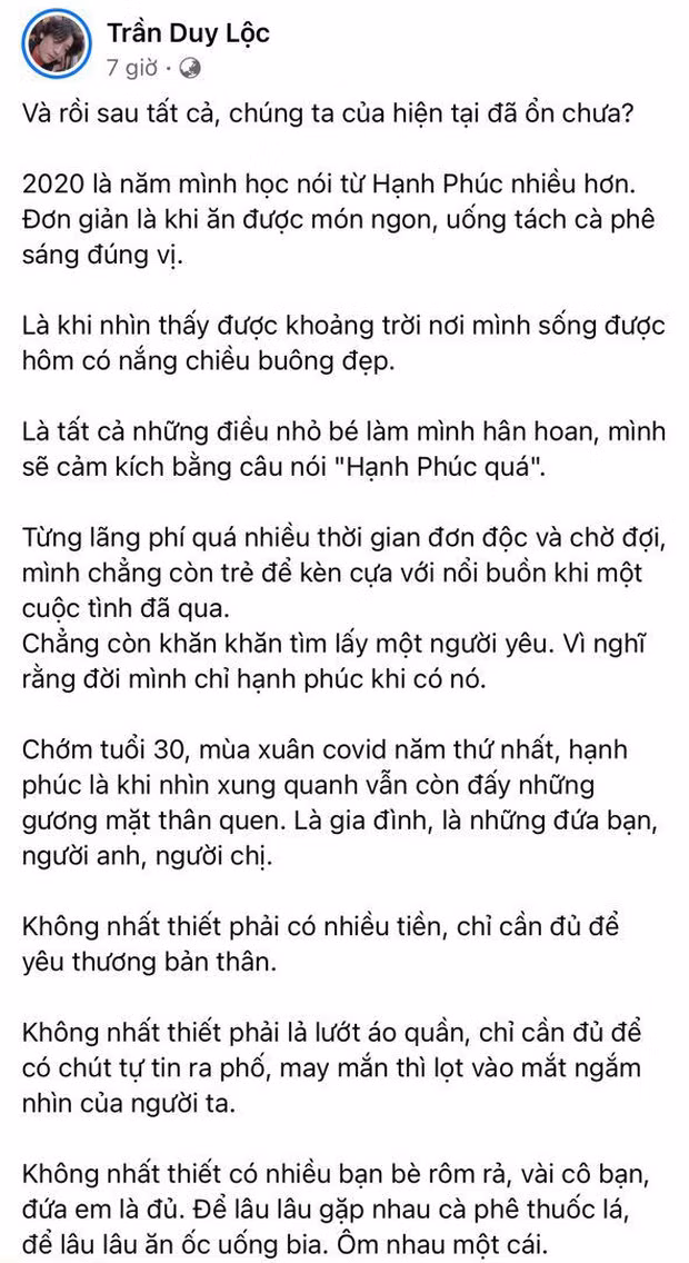 Trần Duy Lộc tìm thấy hạnh phúc và nhận ra nhiều bài học từ những thử thách của năm 2020.