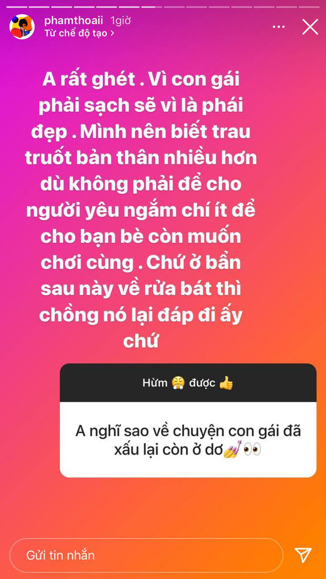 Đáng chú ý nhất trong những phát ngôn của Phạm Thoại đó là: "Cái việc đàn bà phụ nữ rửa bát ấy, đó là phong tục tập quán của người Việt Nam. Đàn ông lo việc nước, đàn bà đảm việc nhà, người ta còn vất vả chông gai ngoài kia kiếm tiền về nuôi gia đình, chứ không phải ngồi ăn không ngồi rồi".