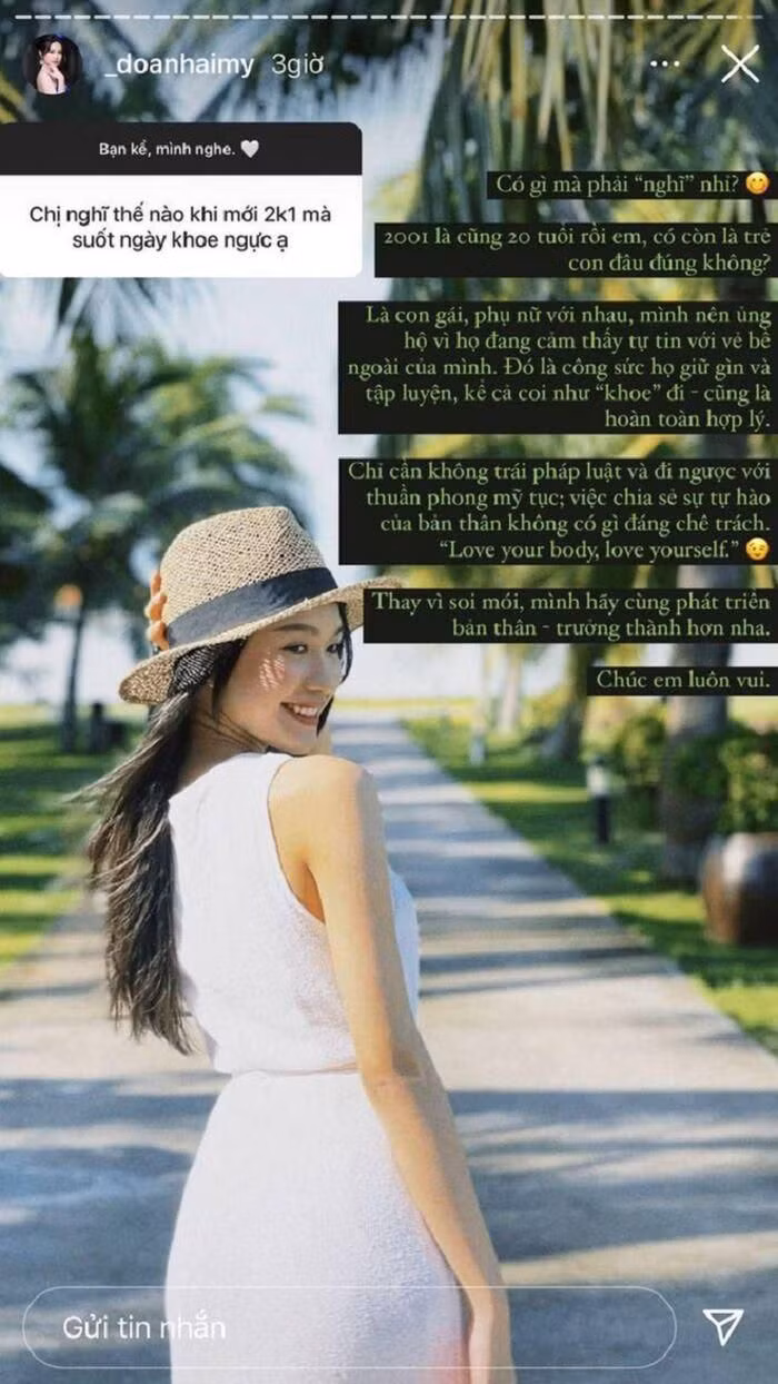 Mới đây, Doãn Hải My bất ngờ nhận được câu hỏi khó từ netizen. The đó trong phần Q&amp;A trên Instagram, một tài khoản hỏi khó cô nàng: "Chị nghĩ thế nào khi mới 2k1 mà suốt ngày khoe ngực ạ?".