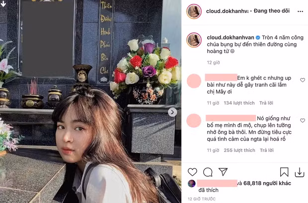 Cụ thể, trên trang cá nhân của mình, hot girl Khánh Vân tạo nên tranh cãi kịch liệt về những hình ảnh do chính cô nàng đăng tải bên bia mộ của bà quá cố.