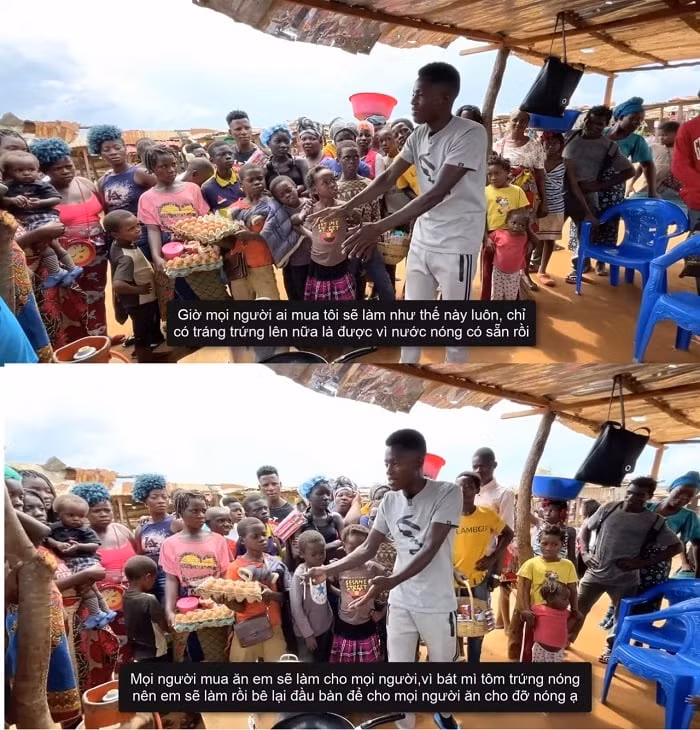 Lindo còn trực tiếp nấu mì ngay trước mặt để mọi người xem quy trình chế biến. Vừa nấu ăn, anh vừa mô tả chi tiết khiến mọi người đều say mê theo dõi. Sau khi nấu xong mì, anh đặt lên đó phần trứng rán nóng hổi: