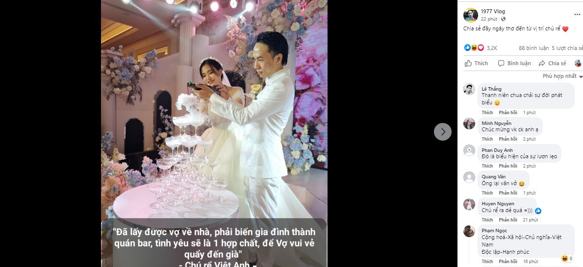 Chú rể Việt Anh còn dự định sẽ xây dựng tổ ấm của mình thành nơi lãng mạn nhất thế gian: "Đã lấy được vợ về nhà phải biến gia đình thành quán bar, tình yêu là 1 hợp chất, vợ để vui vẻ quẩy đến già".