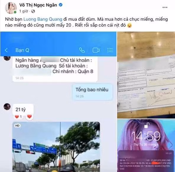 Ngân 98 than thở: "Nhờ bạn Lương Bằng Quang đi mua đất giúp. Mà mua hơn cả chục miếng, miếng nào miếng đó cũng mười mấy 20. Riết rồi sắp còn cái nịt đó".