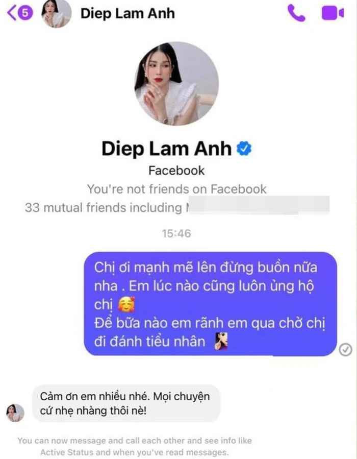 Một tài khoản người dùng nhắn gửi đến Diệp Lâm Anh: "Chị ơi mạnh mẽ lên, đừng buồn nữa nha. Em lúc nào cũng luôn ủng hộ chị, để bữa nào em rảnh em qua chở chị đi đánh tiểu nhân"