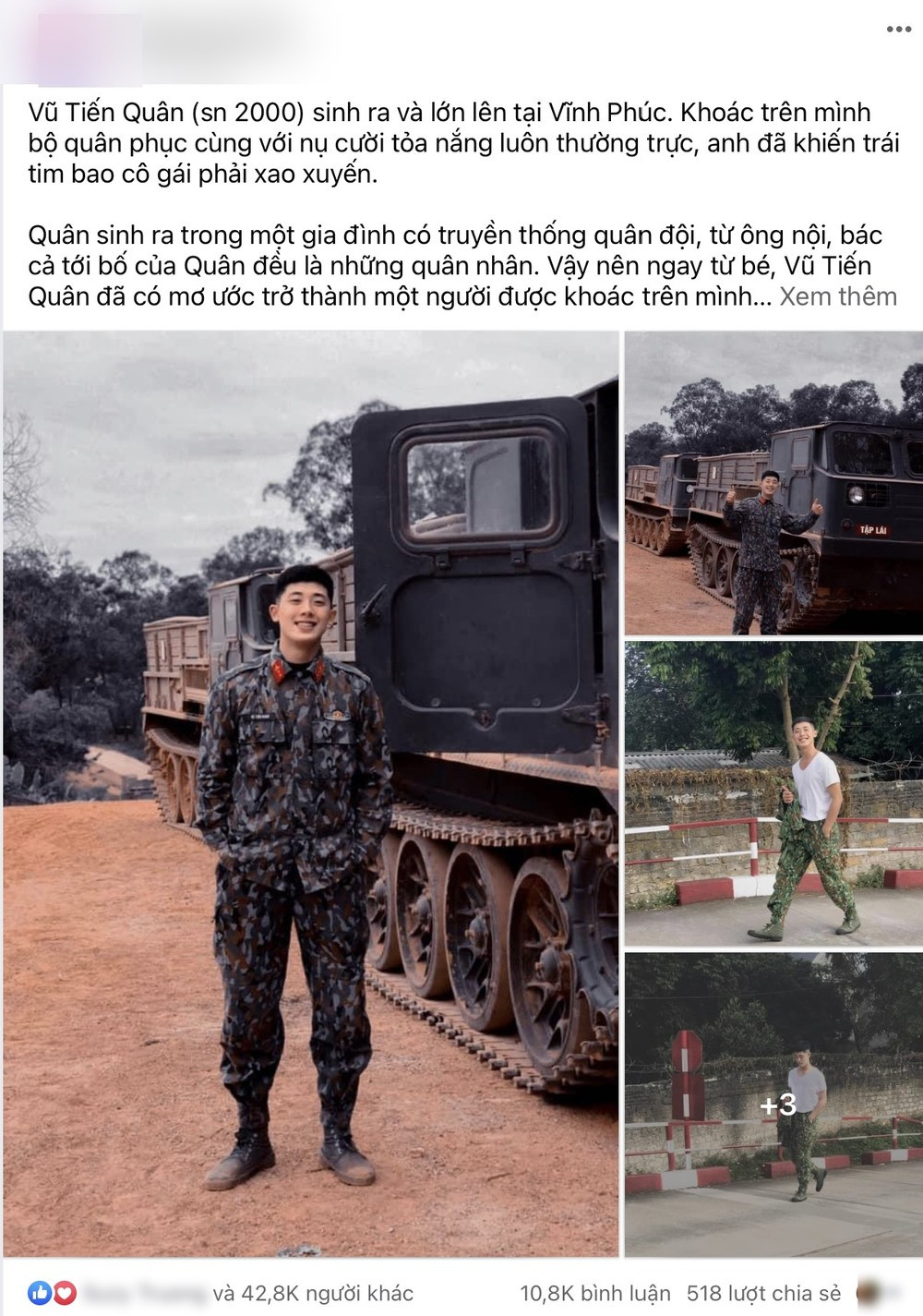 Mới đây, đông đảo dư luận không khỏi bàn tán xôn xao trước thông tin và hình ảnh cực phẩm của anh chàng " soái ca quân nhân" có tên Vũ Tiến Quân sinh năm 2000, quê tại Vĩnh Phúc.