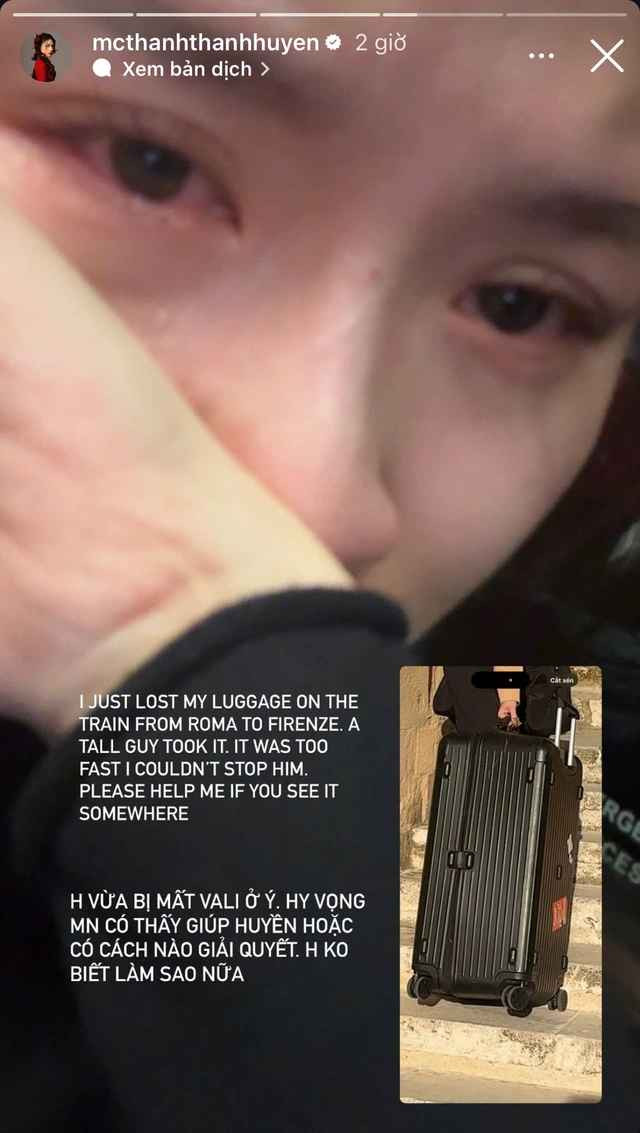 Cho đến sáng nay theo giờ Việt Nam, Thanh Thanh Huyền đã chính thức lên tiếng, thông tin rõ ràng hơn về sự việc. Sau khoảnh khắc hoang mang vì bị mất đồ, nữ MC đã trình báo cảnh sát, tâm trạng hiện tại cũng đã ổn hơn nhưng vẫn rất buồn bã vì hi vọng tìm lại được vali không cao.