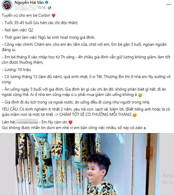 Mới đây, " con dâu ông trùm điện tử" là hot girl Vân Tiny gây chú ý đăng tin tuyển bảo mẫu cho con trai Corbin (3 tuổi). Theo lời cô, quý tử là một cậu bé ngoan ngoãn, đáng yêu.