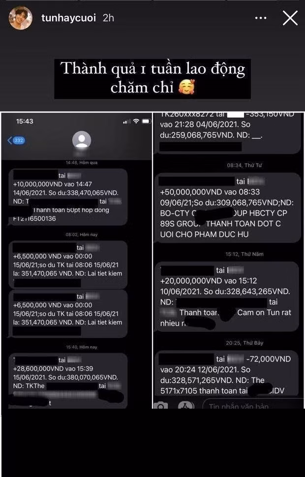 Cụ thể, Tun Phạm đã chụp lại hình ảnh những tin nhắn thông báo số dư trong tài khoản ngân hàng của mình. Có thể thấy chỉ trong vòng 1 tuần, anh chàng hot TikToker này thu về tay hơn 100 triệu đồng.