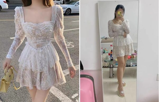 Trong khi đó, sản phẩm thực tế lại trái ngược hoàn toàn. Không chỉ chất liệu ren không đẹp, form không ôm dáng mà phần chân váy đáng lí phải xòe cũng trở nên suôn đuột, dìm dáng vô cùng.