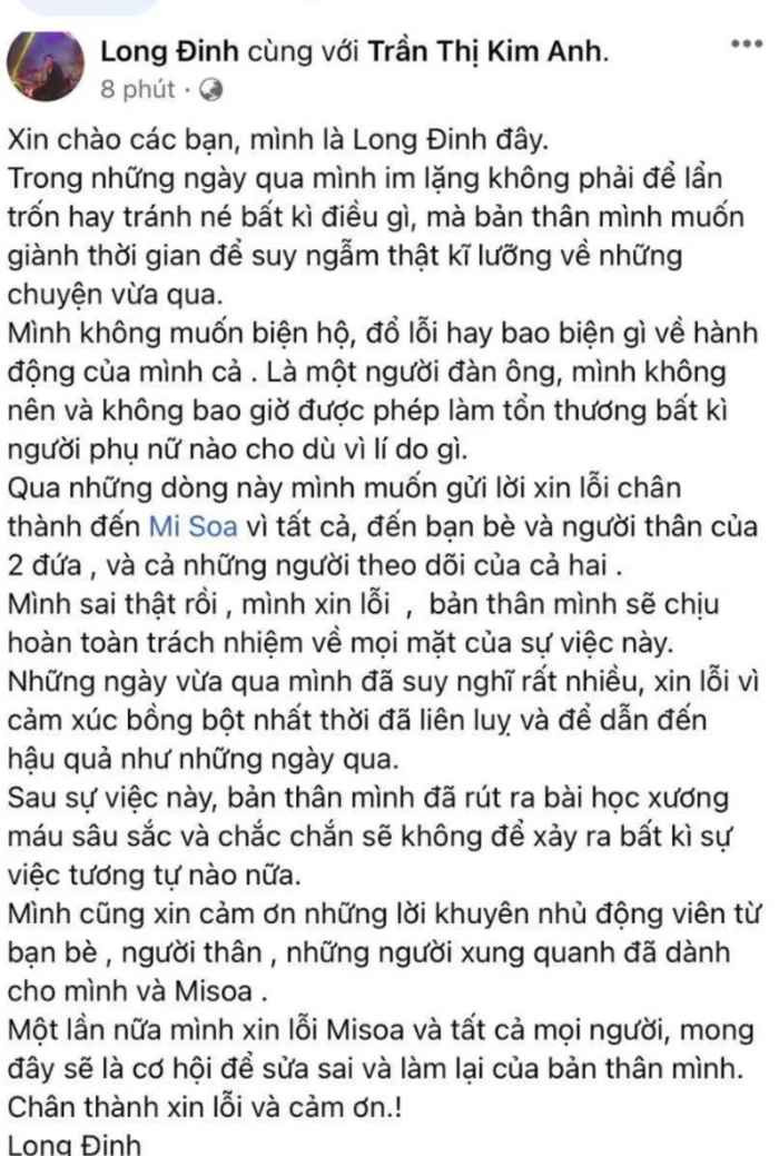 Sau nhiều ngày im lặng vì bị dư luận chỉ trích, mới đây bạn trai của MC Misoa Kim Anh đã đăng tải bài viết dài gửi lời xin lỗi tới bạn gái.