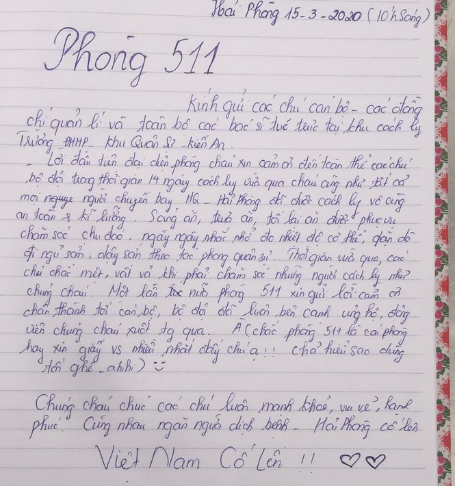 Đối với những cán bộ chiến sĩ, những nhân viên y tế ngày đêm canh gác, phục vụ những lá thư, lời cảm ơn của các công dân hết thời hạn cách ly dịch tuy nhỏ bé nhưng có ý nghĩa to lớn.