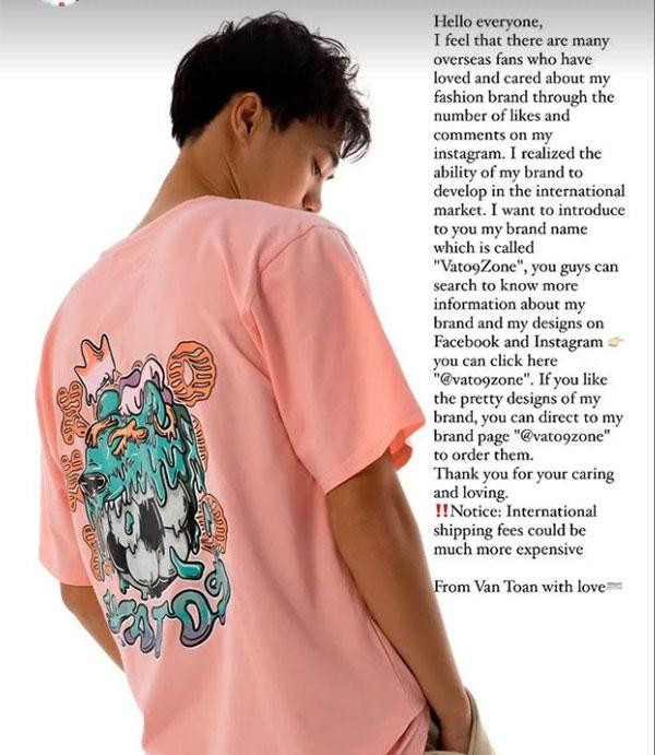 Không lâu sau đó, trên Instagram cá nhân, Văn Toàn đã có một bài viết dài bằng tiếng Anh nhưng nội dung là để quảng bá cho hãng áo anh đang sở hữu làm ai cũng phải bật cười.