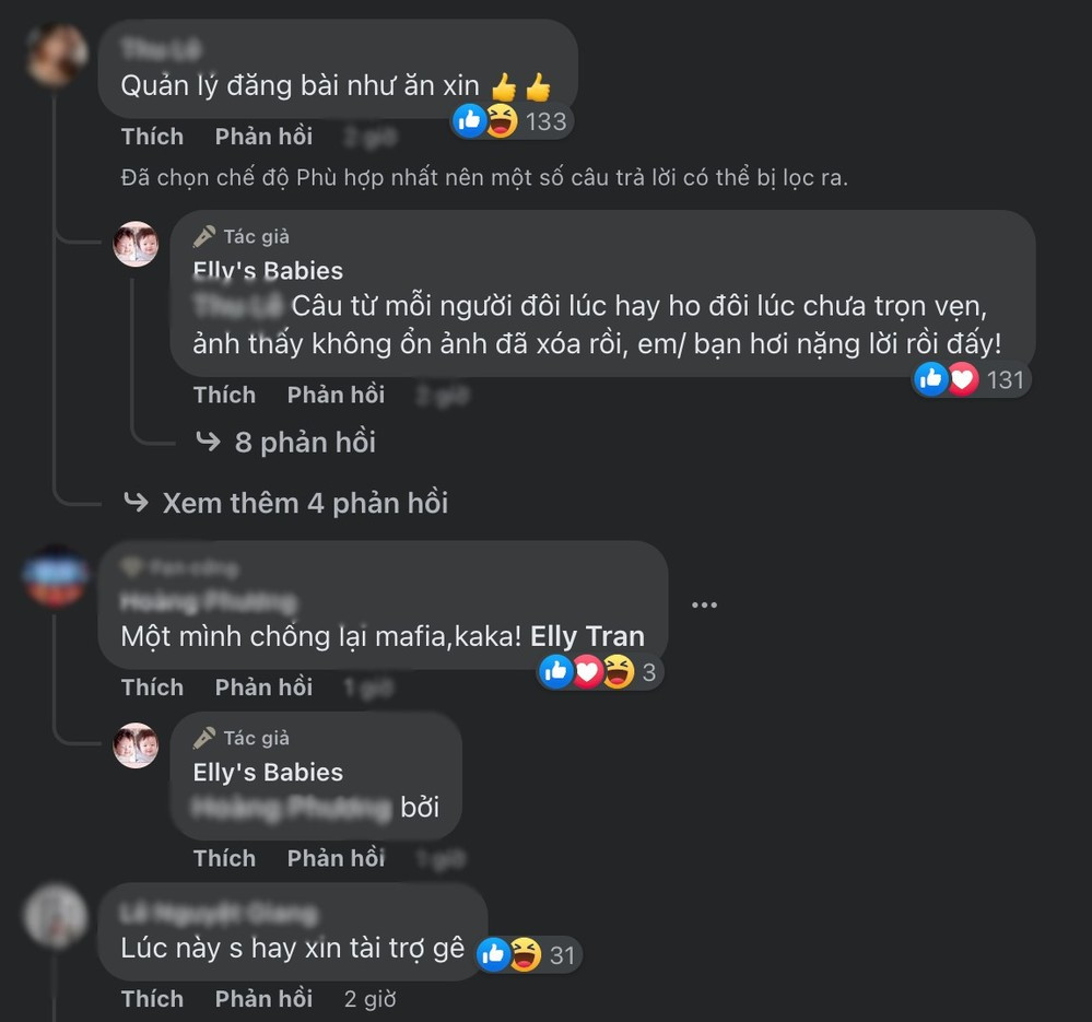 Elly Trần chia sẻ rằng, status cũ là do quản lý mình viết, do từ ngữ không khéo nên gây hiểu lầm, đồng thời người đẹp cũng cho hay, việc người nổi tiếng và nhà tài trợ kết hợp cùng nhau, từ đó trả quyền lợi truyền thông là điều hoàn toàn bình thường, mong công chúng hãy "nghĩ rộng ra".