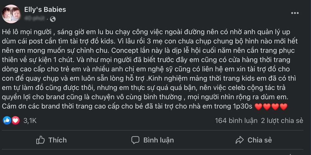 Tuy thế, phía dưới dòng trạng thái giải thích của Elly Trần cũng có 2 ý kiến trái chiều, người cho rằng đây là việc nhạy cảm, không nên đăng trực tiếp... nhưng cũng có bên cho rằng, đây là chuyện bình thường, cả người nổi tiếng và nhãn hàng cùng có lợi.