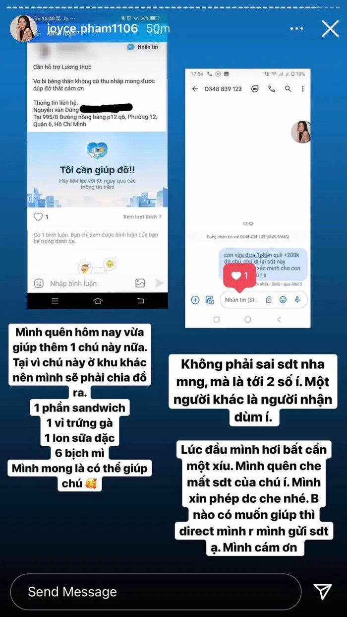 Kết quả là sandwich và các loại bánh khác đã được gửi đến cho Joyce Phạm. Cô cũng không quên chia sẻ lại hình ảnh lên story Instagram kèm dòng cảm xúc: "Yêu thương quá nhiều".