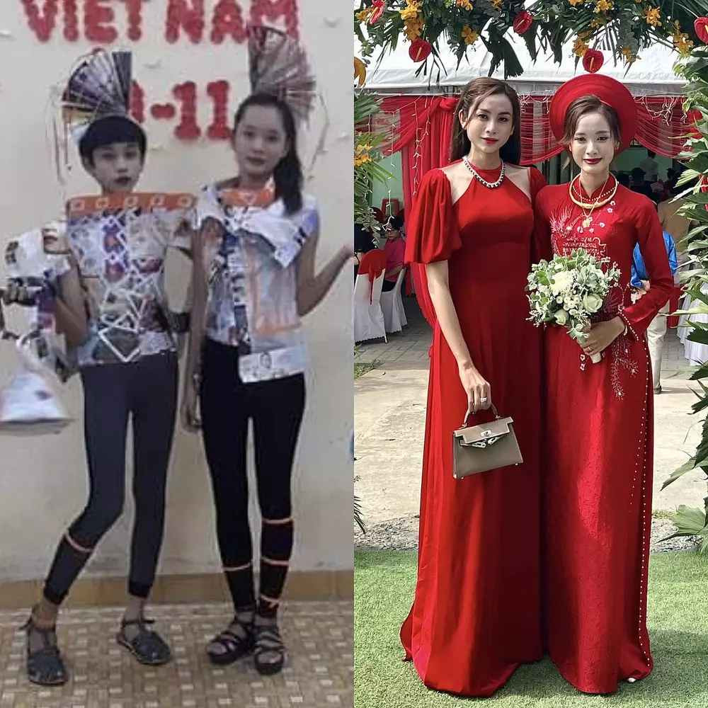 Người đẹp chuyển giới không những chọn áo dài màu đỏ trùng màu nhân vật chính mà còn trang điểm và đeo phụ kiện kim cương vô cùng lồng lộn, nhìn vào không khó lòng phân biệt nổi ai mới là cô dâu.