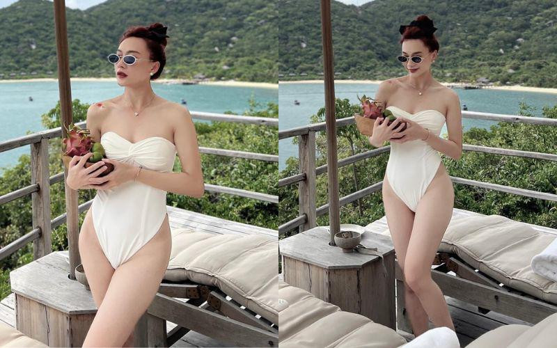 Ngay cả khi chỉ diện áo tắm một mảnh đơn giản, bạn gái Vũ Văn Thanh vẫn trông thời thượng và hút mắt nhờ cách phối phụ kiện hài hoà.