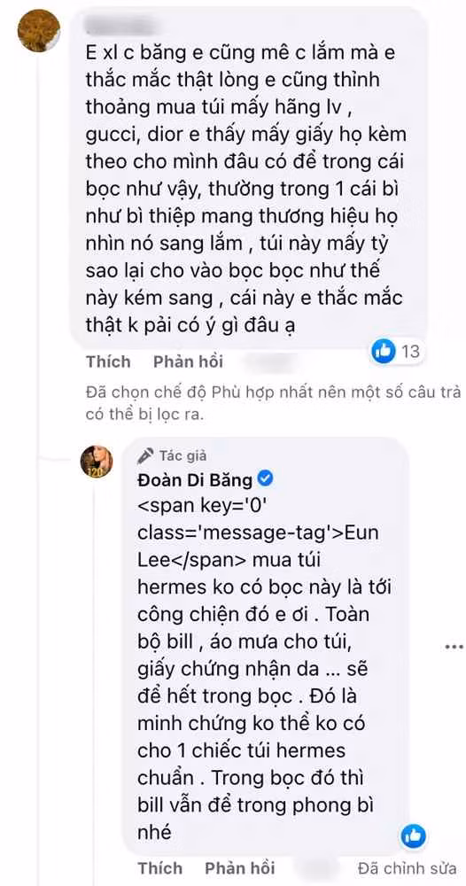 Liên tục vướng lùm xùm, Đoàn Di Băng bất ngờ lên tiếng: "Hổm giờ mọi người lo chồng e không rành bị mua phải túi bạch tạng giả tặng em nhiều quá, em cám ơn mọi người lo cho em ạ. Dạ, bill đây ạ. Mọi người yên tâm trở về cuộc sống hằng ngày mưu sinh thôi nào."