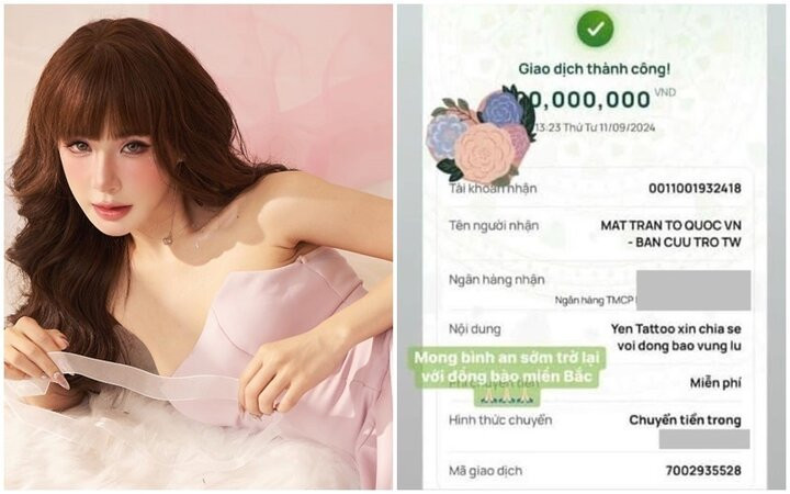 "Phông bạt" ủng hộ đồng bào lũ lụt, các KOLs xử lý sao? Yến Tattoo từng đăng ảnh chụp màn hình giao dịch với số tiền ủng hộ lên đến hàng trăm triệu đồng. Tuy nhiên, trong danh sách sao kê ủng hộ của ngày 11/9, chỉ có nội dung “Yen tattoo xin chia sẻ với đồng bào vùng lũ” được gửi từ một tài khoản kèm theo số tiền 500.000 đồng. Sau đó, chủ tài khoản này gửi thêm 5 triệu đồng với nội dung tương tự.