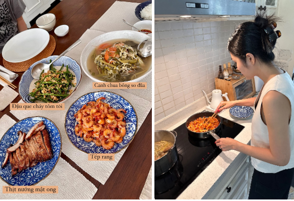Có thể thấy dù bận rộn chăm 3 con nhỏ lại thêm việc kinh doanh nhưng Tăng Thanh Hà vẫn tự tay vào bếp nấu ăn đãi bạn.