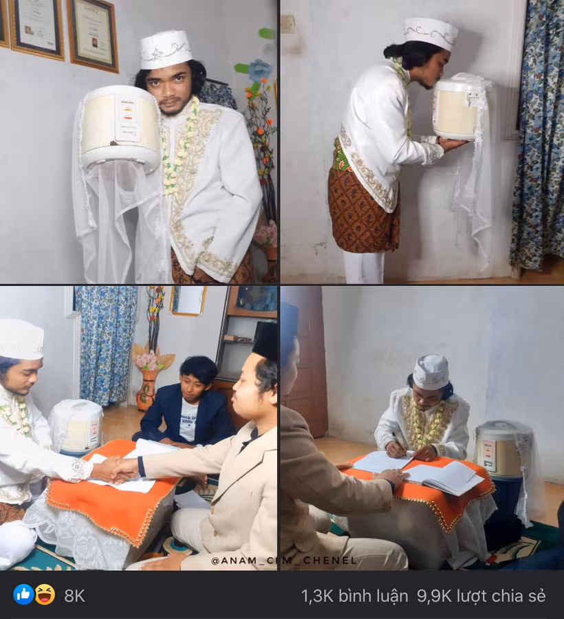 Chú rể và cô dâu đặc biệt hạnh phúc trao nhau những nụ hôn tình cảm. Nói về “người vợ” của mình Khoirul chia sẻ trên trang cá nhân: “Da trắng, không nói nhiều và nấu ăn giỏi. Đối tác hoàn hảo”.