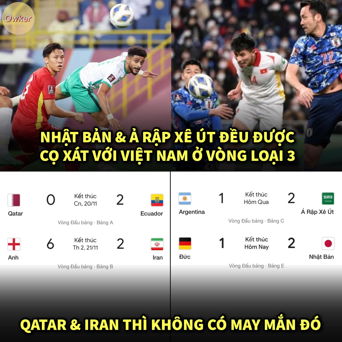 Bức ảnh chế lý do Nhật Bản và Saudi Arabia có thể chiến thắng trước Đức và Argentina đó là được cọ xát với ĐTQG Việt Nam ở vòng loại thứ 3 World Cup 2022. Còn Qatar và Iran không có điều trên nên đã thua.
