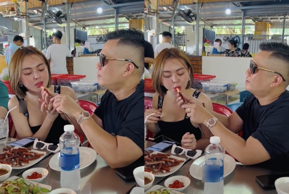 Qua những video nàng hot girl thị phi đăng tải, có thể thấy chồng rất cưng chiều, yêu thương cô. Thậm chí, anh còn không ngần ngại đút từng miếng cho vợ ăn nơi đông người.